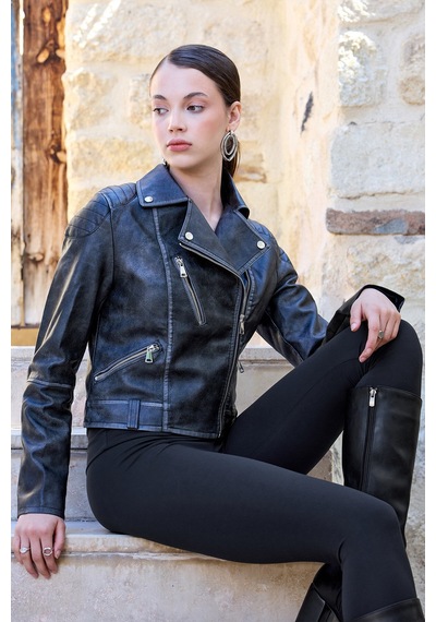 Vitrin Fermuarlı Suni Deri Crop Biker Ceket Siyah