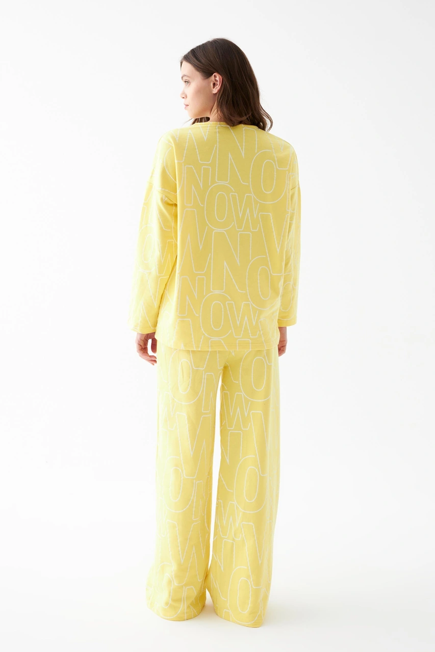 Akbeniz Kadın Oversize Sarı Desenli Pamuklu Kalın Pijama Takımı Sarı
