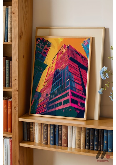 Renkli Bina Pop Art, Ahşap Çerçeveli Duvar Tablosu - Renkli Ev Dekorasyonu