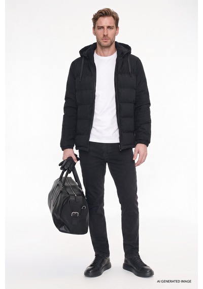 AC&Co / Altınyıldız Classics Erkek Sıyah Standart Fit Normal Kesim Dik Yaka Kapüşonlu Yan Cepli Casual Mont Siyah