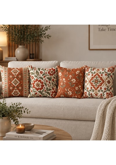 4'lü Kiremit Krem Vintage Çiçek Ve Etnik Desenli Dekoratif Kırlent Kılıfı Seti - Çift Taraflı 43x43 Cm Kiremit Kırmızısı