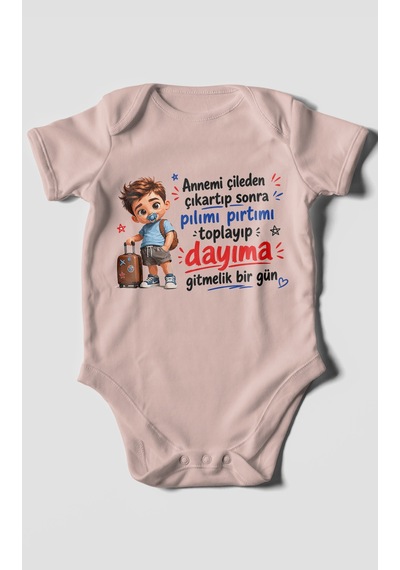 Morivokids Anneye Ve Dayıya Özel Kısa Kollu Bebek Body %100 Pamuk Pastel Pembe