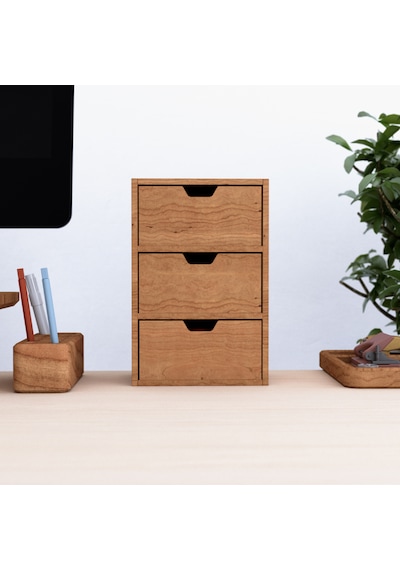 Desna Üç Katlı Üç Çekmeceli Mini Dolap - Kiraz 34 Cm Uzunluk X 12.1 Cm Derinlik X 27.2 Cm Woodsaka Doğal Ahşap