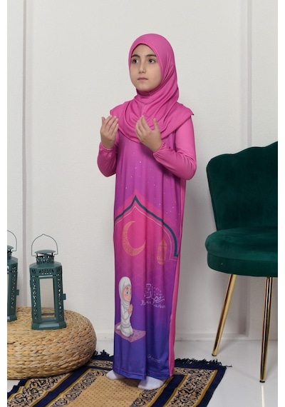 Çocuk Namaz Takımı Pratik Tek Parça Desenli Kollu Tak Çıkar Başörtülü Likralı Tesettür Elbise 6-12 Yaş 925-0201 Koyu Pembe