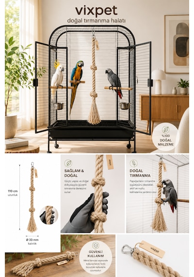 Büyük Irk Papağan Tırmanma Halatı 110 Cm Çap 33 Mm %100 Doğal Kafes Oyuncağı Stres İpi Jüt Halat Macaw Kakadu Jako Amazon Eklektus