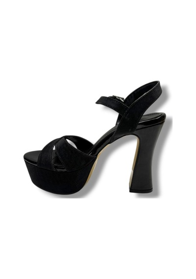 Defne 788-26 Simli Saten Çapraz Bant 30mm Platform Topuk Kadın Sandalet 12cm Siyah