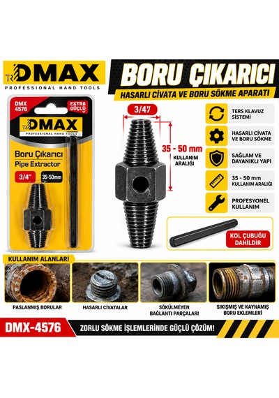 Boru Çıkarıcı 35m-50m Hasarlı Civata Boru Çıkarıcı Ters Klavuz 1/2- 3/4 Kod :dmx-4576