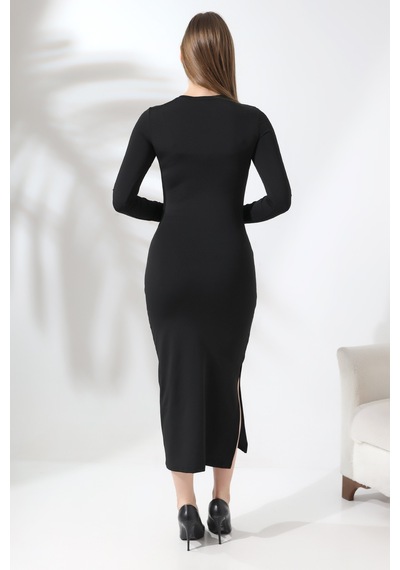 Gugus Trend Kadın Siyah Hailey Uzun Kollu Maxi Elbise Yırtmaçlı Model Ssiyah