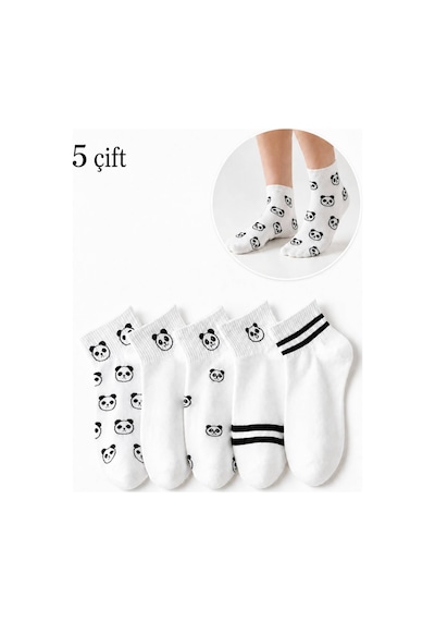 Worthy Socks 5'li Panda Desenli Patik Bilek Çorap 5 Çift Panda Yarım