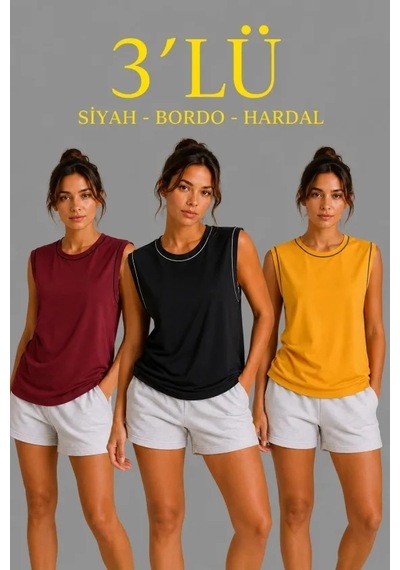 Valensdesign 3 Lü Kolsuz Sporcu Atlet Seti Yazlık Bisiklet Yaka - Siyah, Bordo, Hardal Çok Renkli