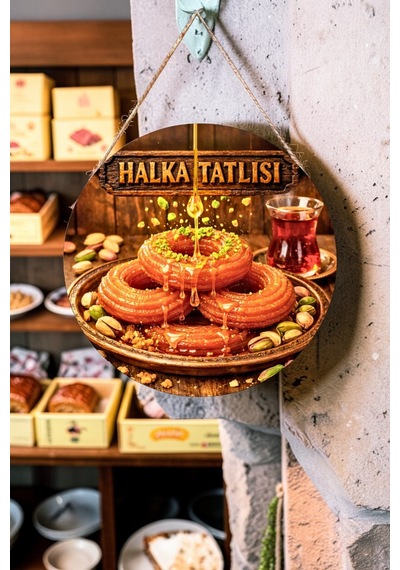 Halka Tatlısı Görselli Ahşap İpli Kapı Duvar Süsü Tatlıcı Cafe Tabelası Pano