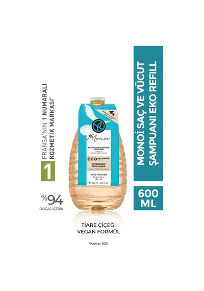 Yves Rocher Monoi Eko Refill Yedek Saç Ve Vücut Şampuanı-monoi De Tahiti-sls, Sles İçermez,vegan-600ml