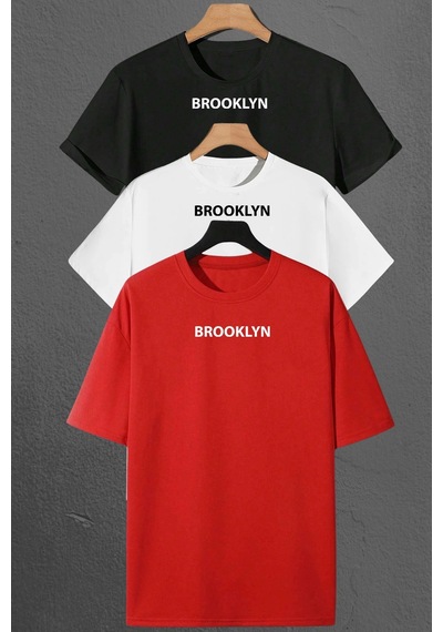 Brooklyn Baskılı Unisex Oversize 3'lü T-shirt Paketi Kırmızı