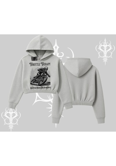 Startmore Kapşonlu Crop Sweatshirt Throttle Therapy No Brakes Just Freedom Gri