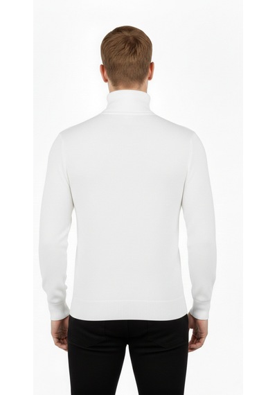 Deepsea Erkek Beyaz Tam Balıkçı Yaka Yanları Desenli Slim Fit Boğazlı Triko Kazak 2505495 Beyaz