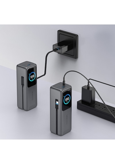 140w Süper Hızlı Şarj 30000mah Powerbank Dijital Led Ekran 2 Usb-c + 1 Usb-a Çıkış Dahili Type-c Kablo Laptop Uyumlu Taşınabilir Şarj Cihazı Açık Gri