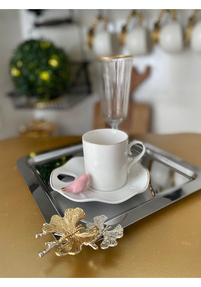 Atabey Home Collection 2 Adet Kahve & Çay & Sunum Tepsisi Metal Döküm Gümüş Tepsi Kelebek Aksesuarlı