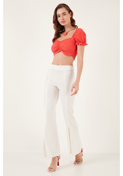 Lela Slim Fit Büzgü Detaylı Kalp Yaka Crop Bayan Bluz 5865601 Nar Çiçeği