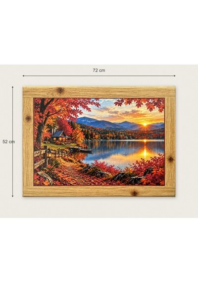 Ahşap Çerçeve Desenli Göl Kıyısı Ve Sonbahar Temalı Dekoratif Ahşap Tablo 72 52 Cm
