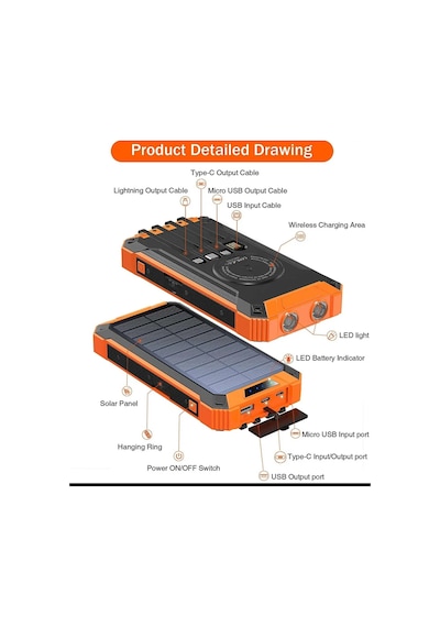 20000mah Powerbank Solar Güneş Enerjili Wireless Kablosuz Şarj Özellikli Taşınabilir Şarj Led Işıklı Turuncu
