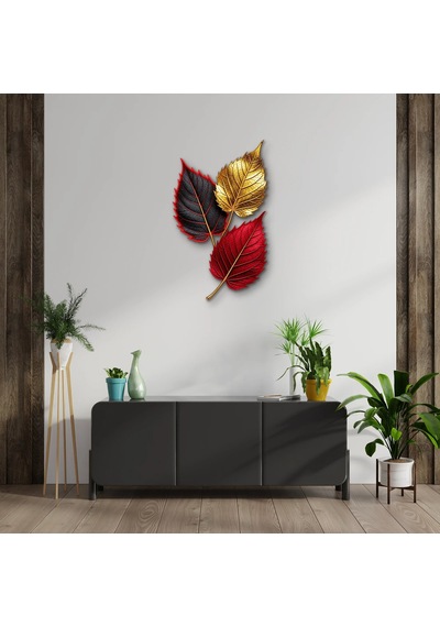 Altın Ve Kırmızı Üç Yaprak - Metal Tablo - Dec0265 48 X 80 Cm Çok Renkli