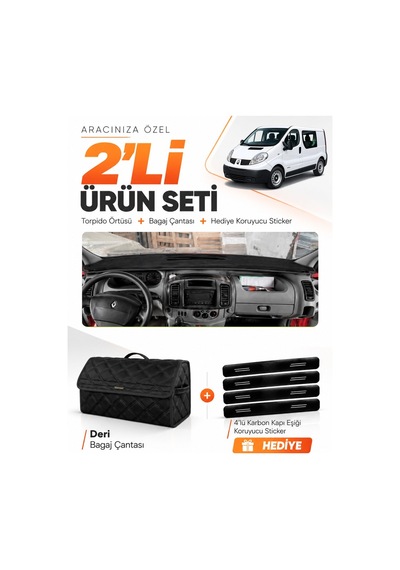 E-biz Renault Trafic 2004-2010 Uyumlu Torpido Örtüsü + Deri Bagaj Çantası Seti - Siyah - Re049