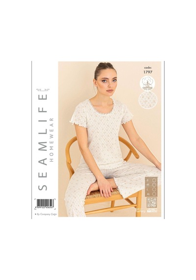 Seamlife Kadın %100 Pamuk Kalp Desenli Kısa Kollu Pijama Takımı 466542 Ekru