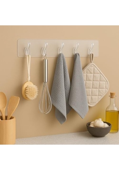 Kendinden Yapışkanlı 5 Kancalı Askı Seti Duvara Delmeden Montaj, Şeffaf Vantuzlu Tasarım, Banyo & Mutfak İçin Pratik Organizer 2 Adet Diğer