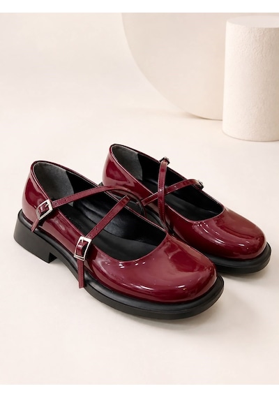 Dabab Shoes Marsel Kadın Bordo Rugan Çapraz Bantlı Tokalı 2 Cm Kalın Taban Mary Jane Ayakkabı