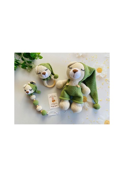 Adenya Sepeti Sepeti Masal Ayıcık Set Yeşil Renk Örgü Amigurumi Oyuncak + Diş Kaşıyıcı + Emzik Askısı
