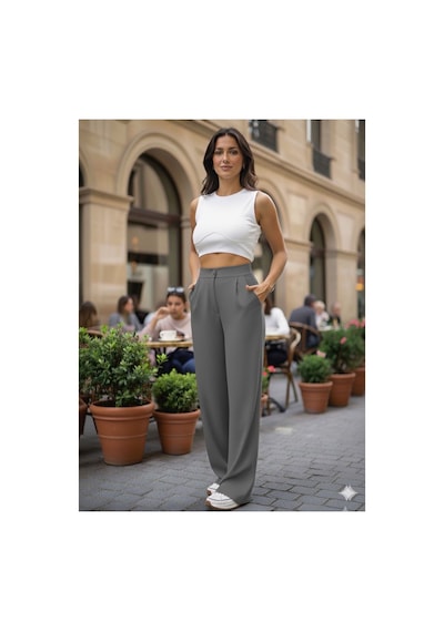 Unika Boutique Milano Premium Yüksek Bel Pileli Plazzo Kumaş Pantolon 2026 gri