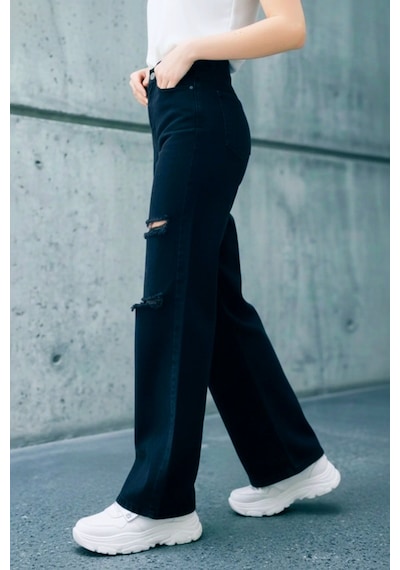 Woddi Bella Siyah Salaş Dizi Yırtık Rahat Kesim Palazzo Jeans Kot Pantolon