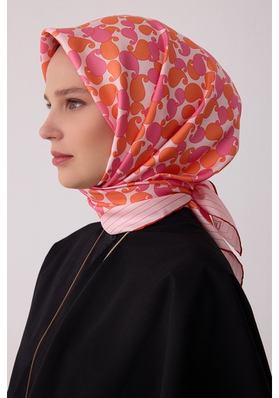 Belli Etnik Desen %100 Twill İpek Eşarp Be22 Pembe