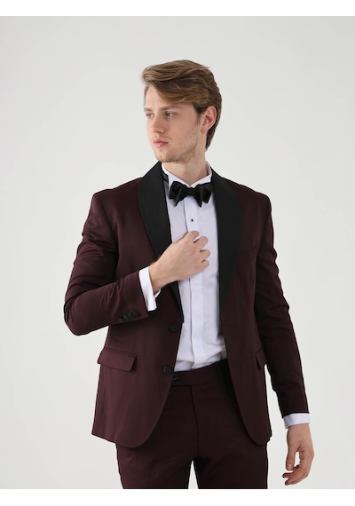 Dufy Bordo Erkek Slim Fit Düz Sivri Yaka Smokin Takım - 92433-bordo Bordo