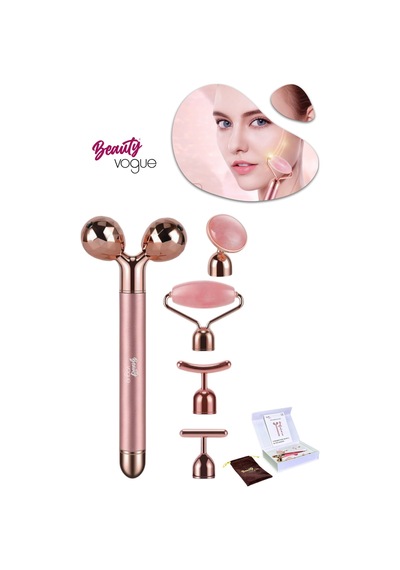 Titreşimli Rose Pembe Quartz Taşı 3d Yüz Masaj Silindiri 5 Başlıklı Cilt Bakım Cihazı Profesyonel Bej