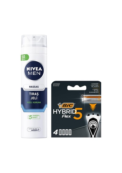 Men Hassas Tıraş Jeli 200 Ml + Bıc Hybrid 5 Flex 4'lü Yedek Tıraş Bıçağı Kartuşu 5 Bıçak
