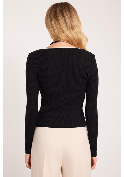 Tudors Kadın Slim Fit Dar Kesim Uzun Kollu U Yaka Bağlama Detaylı Siyah Hırka-41353 Siyah