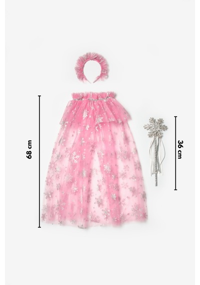 Le Mabelle Pembe Kar Tanesi Baskılı Kız Çocuk Pelerin Asa Taç Set Pembe