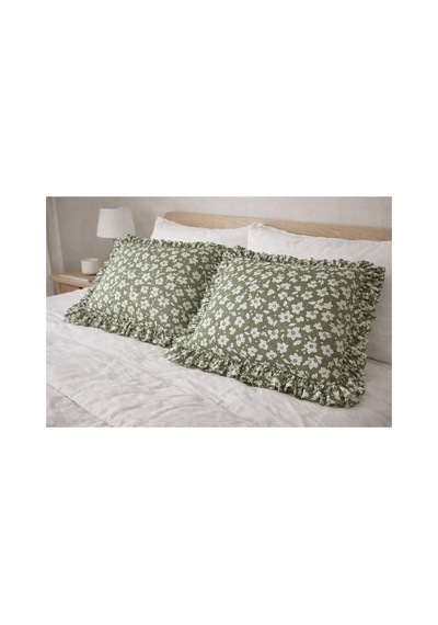 Fırfırlı Yastık Kılıfı 2 Li Set Tek Kişilik %100 Organik Pamuk 50x70 Cm 8 Farklı Desen Seçenekli Yeşil Beyaz Çiçekler