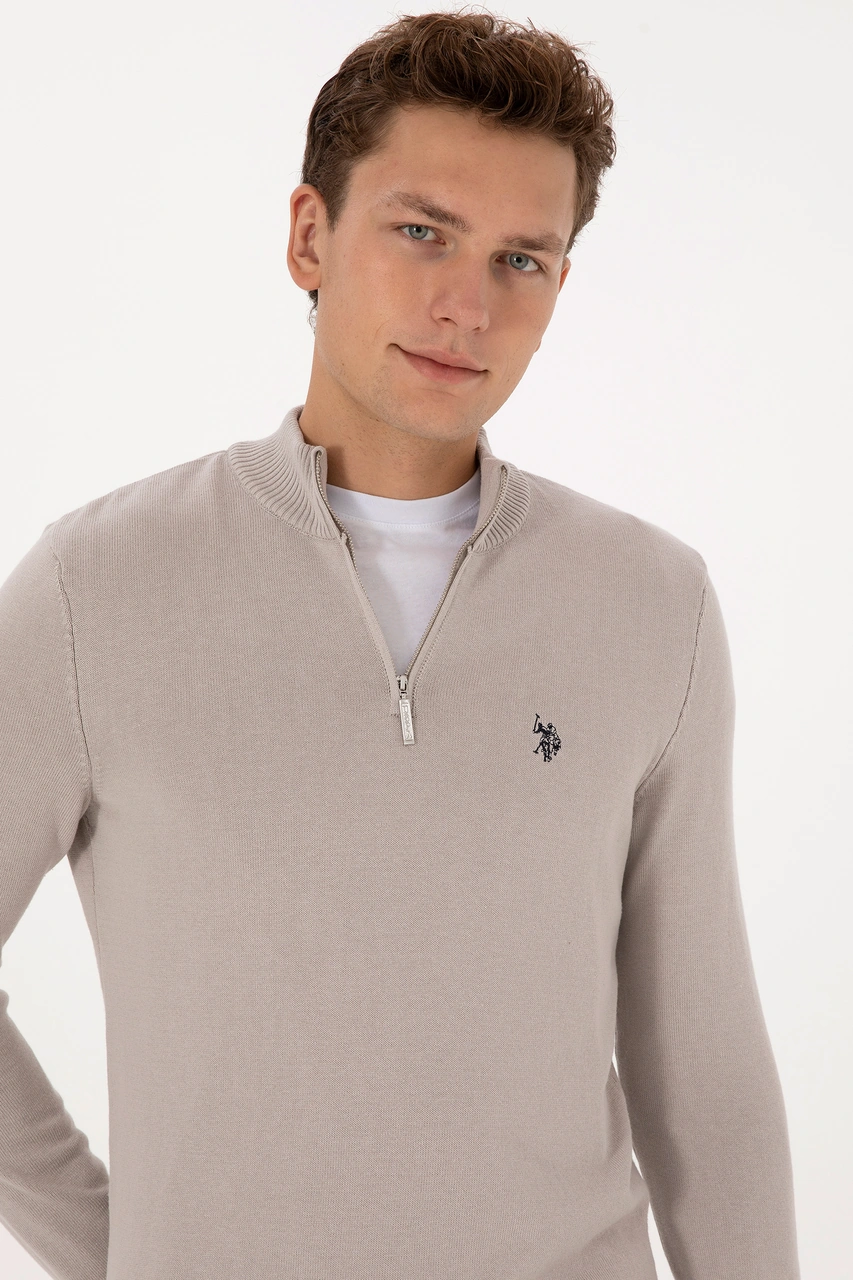 U.S. Polo Assn. Erkek Slim Fit Yarım Fermuarlı Taş Basic Kazak 50313695-VR049