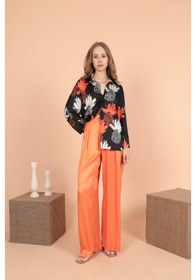 Chıcnhappy Saten Kumaş Pileli Palazzo Kadın Pantolon Orange-oranj Turuncu