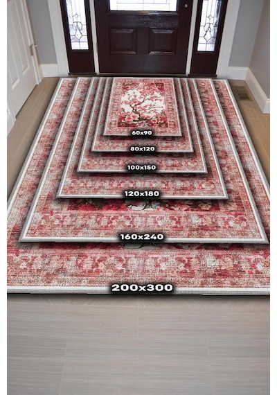 Homshtag Art Deco Bahar Çiçekleri Vintage Halı Görünümlü Dijital Baskı Pembe Halı,rustik Çiçekli Halı Çok Renkli