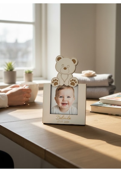 Kişiye Özel Ayıcık Figürlü Ahşap Fotoğraflı Magnet 10'lu Beyaz