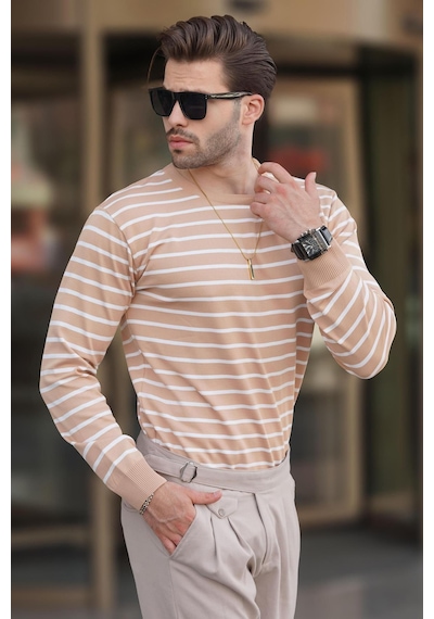 Madmext Camel Bisiklet Yaka Çizgili Kazak 7241 Camel
