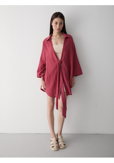 Laluvia Bordo Flam Keten Kimono Gömlek Bordo
