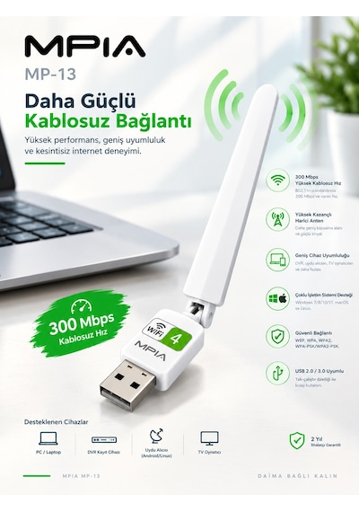300 Mbps Wireless Usb Adaptör Windows, Mac, Dvr & Uydu Alıcısı Uyumlu Kablosuz Wi-fi Alıcı