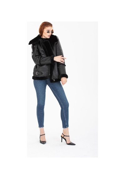 M M Marki Marki Kadın Siyah Vintage Deri Mont, Siyah Kürklü, Balıkçı Yaka, Oversize Model - 105222