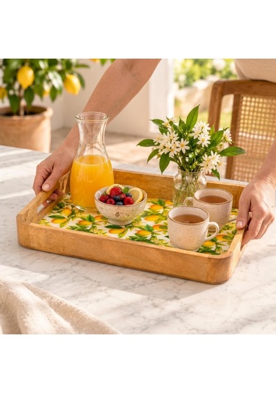 Tr Mango Ağacı Dikdörtgen Servis Tepsisi, 40 X 28 X 4,70 Cm Limon Desenli Ahşap Sunum Tepsisi, Yüksek Kenarlı Kahv