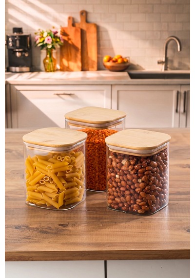 Porsima 5-3 Bambu Vakumlu Kapaklı Kare Borsilikat Cam 3lü Kavanoz Seti Saklama Kabı 750ml 7,5x15cm Ahşap - Şeffaf