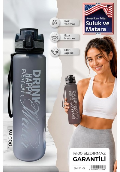 Su Matarası 1l - Bpa İçermez Tritan Motivasyonel Suluk - Okul - Spor - Kamp - Pro Matara Siyah Diğer